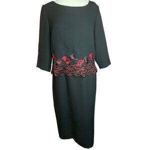 VTG Clues Collections 14P Black Midi Dress Floral Embroidery  Simi to Formal Y2K